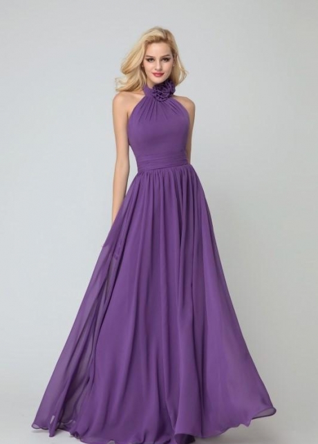 Flower High-neck Bridesmaid Dresses Purple Chiffon Skirt