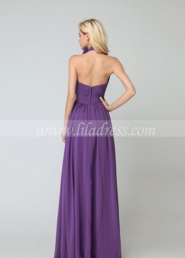 Flower High-neck Bridesmaid Dresses Purple Chiffon Skirt