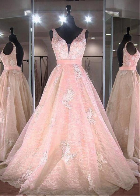 Elegant Tulle V-neck Neckline Floor-length A-line Prom Dresses With Lace Appliques & Belt
