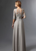 Floor Length Chiffon Gray Mothers Formal Dress with Lace Sleeves