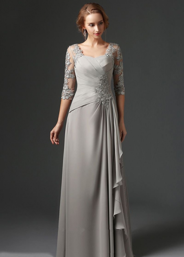 Floor Length Chiffon Gray Mothers Formal Dress with Lace Sleeves