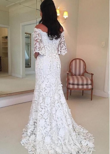 Floral Lace Bridal Dresses with Off-the-shoulder Sleeves
