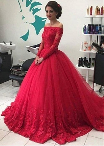 Elegant Tulle Off-the-shoulder Neckline Long Sleeves Ball Gown Prom Dress With Beaded Lace Appliques