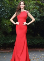 Floor Length Slim Satin Red Beaded Evening Prom Dresses Cap Sleeves