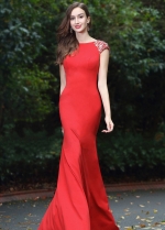 Floor Length Slim Satin Red Beaded Evening Prom Dresses Cap Sleeves