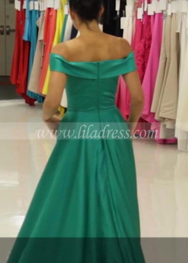 Fold Off-the-shoulder A-line Pink Satin Formal Prom Gown