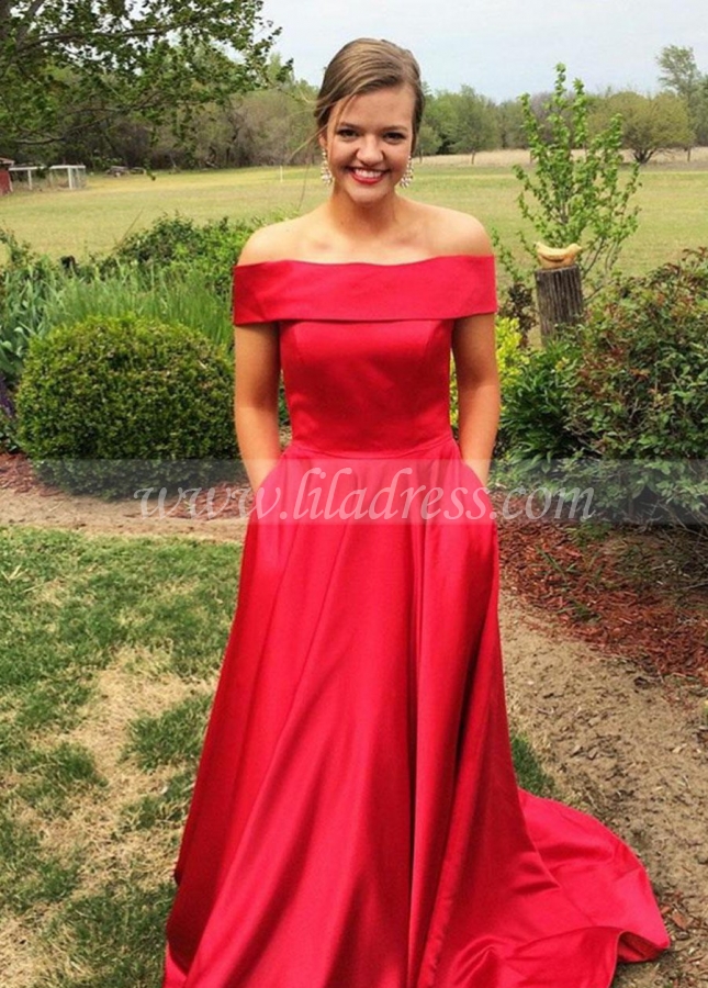 Fold Off-the-shoulder A-line Pink Satin Formal Prom Gown