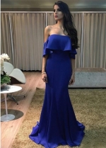 Flounce Off-the-shoulder Mermaid Sapphire Prom Gowns