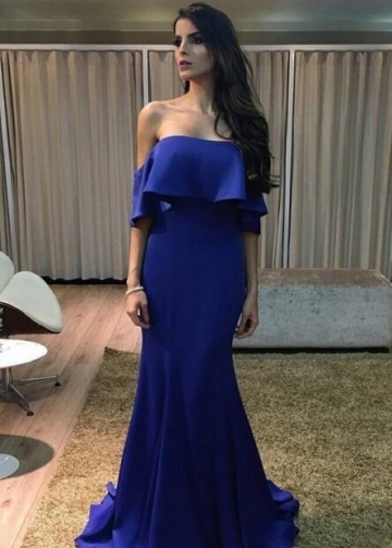 Flounce Off-the-shoulder Mermaid Sapphire Prom Gowns