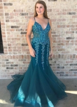 Fit&Flare Tulle Sequins and Beads Teal Prom Dresses Long