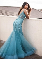 Fit&Flare Tulle Sequins and Beads Teal Prom Dresses Long