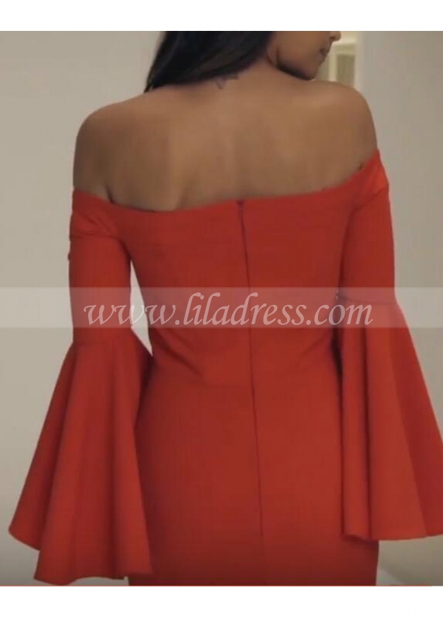 Floor Length Satin Orange Red Evening Gown Flare Sleeves