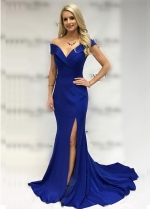 Fold Plunging Off-the-shoulder Royal Blue Prom Dress Mermaid
