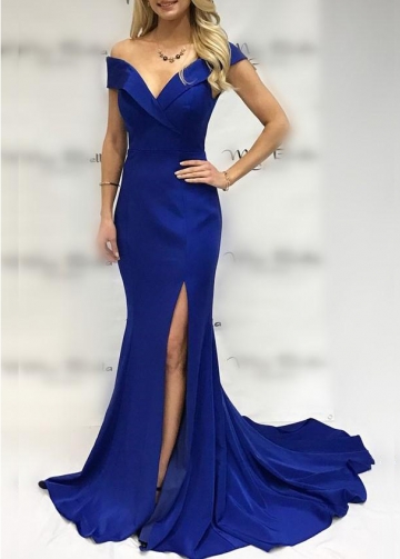 Fold Plunging Off-the-shoulder Royal Blue Prom Dress Mermaid