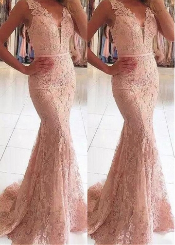 Excellent Lace V-neck Neckline Mermaid Evening / Prom Dress