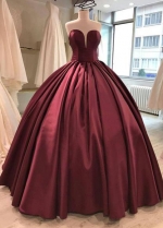 Floor Length Satin Burgundy Ball Gown Evening Dresses