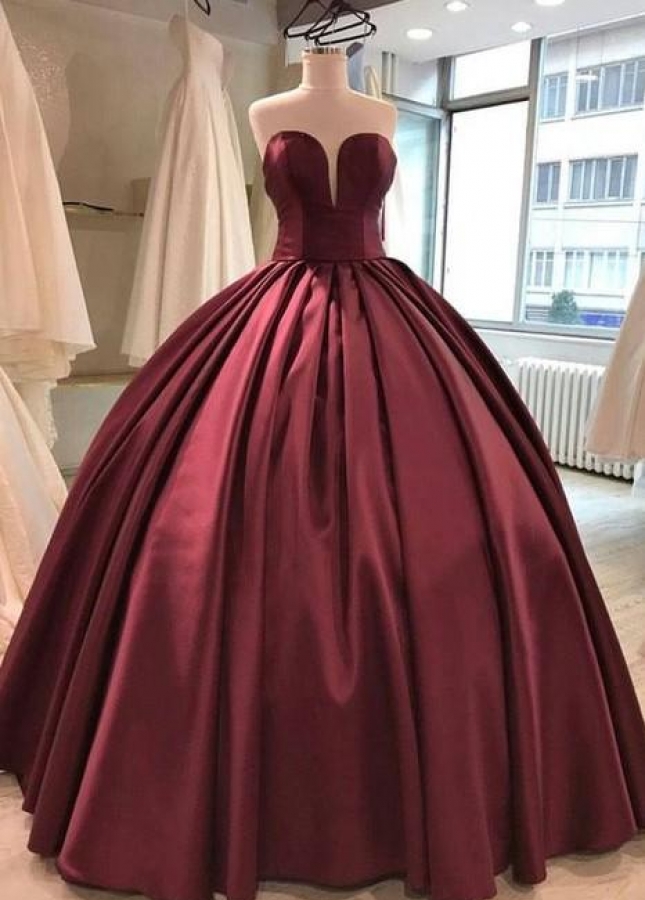 Floor Length Satin Burgundy Ball Gown Evening Dresses