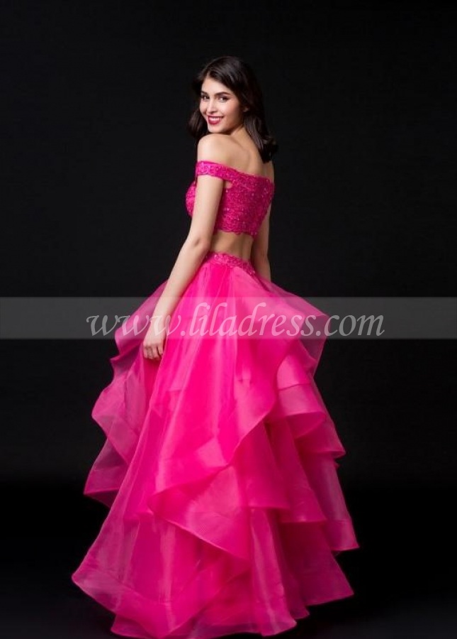 Fuchsia Organza Two-piece Prom Dresses Lace Off-the-shoulder
