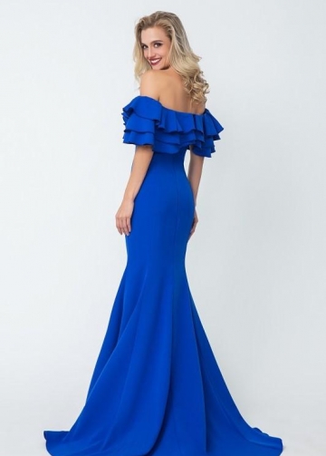 Flounced Off-the-shoulder Blue Evening Dresses with Mermaid Skirt