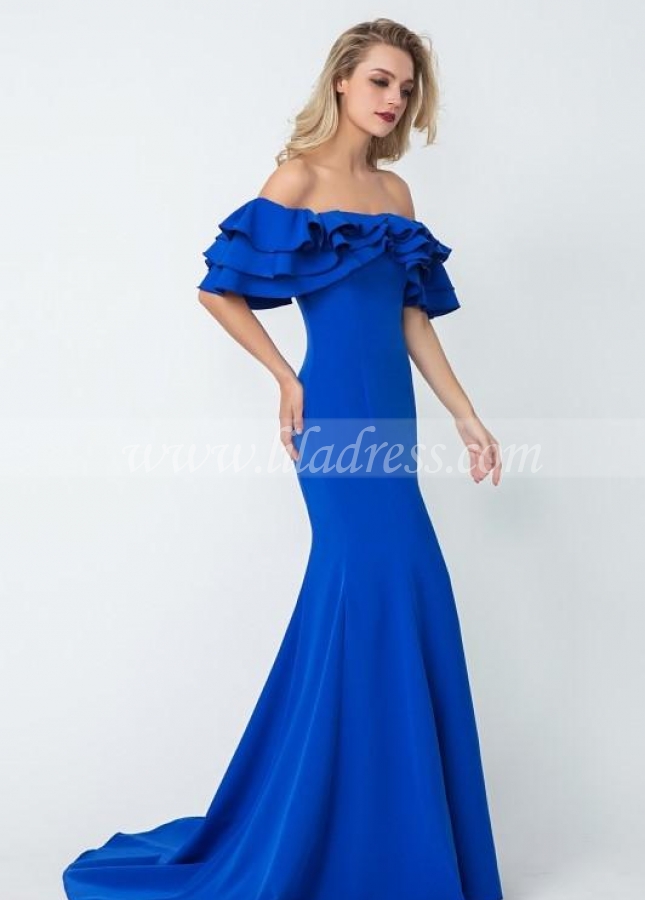 Flounced Off-the-shoulder Blue Evening Dresses with Mermaid Skirt