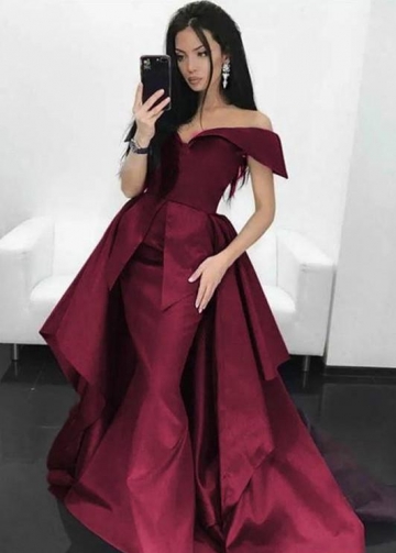 Folded Off-the-shoulder Burgundy Prom Dress with Overskirt
