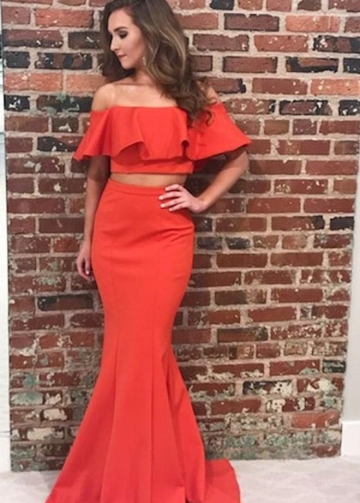 Flounced Off-the-shoulder Satin Prom Gown Two Piece