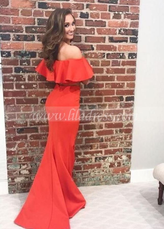 Flounced Off-the-shoulder Satin Prom Gown Two Piece