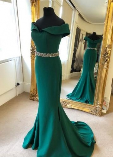 Fold Off-the-shoulder Green Evening Dress with Beaded Belt