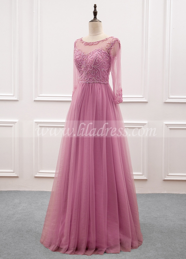 Fabulous Tulle & Satin Jewel Neckline Illusion Sleeves A-line Evening Dress with Beaded Embroidery
