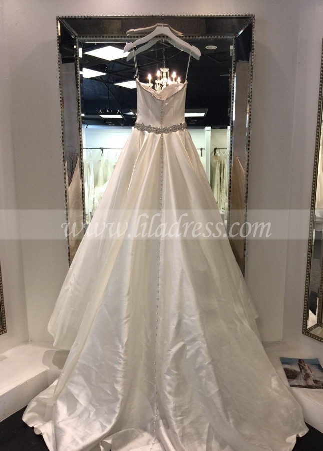 Fabric-buttons Simple Satin Wedding Dress with Rhinestones Belt