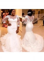 Alluring Tulle & Organza Jewel Neckline Mermaid Plus Size Wedding Dress With Beaded Lace Appliques & Ruffles