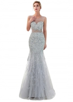 Fascinating Tulle Scoop Neckline Mermaid Evening Dress With Beadings & Feathers