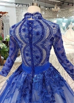 Fantastic Lace & Tulle High Collar Ball Gown Evening Dresses With Handmade Flowers & Beaded Sequin & Embroidery