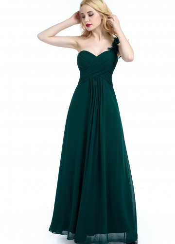 Green Chiffon One-shoulder Bridesmaid Dresses Long