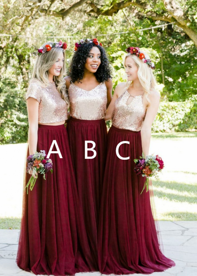 Gold Sequin Two Piece Burgundy Bridesmaid Dresses Tulle Skirt