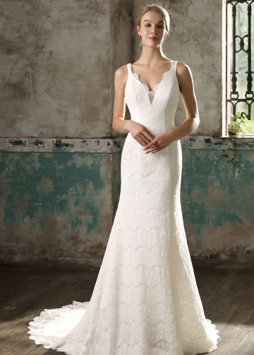 Good-looking V-neck Column Wedding Dress Lace vestido de noiva de renda