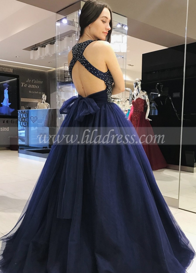 Grecian Neck Beaded Navy Prom Dresses Tulle Ball Gown with Hollow Back