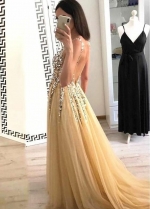 Gold Tulle Prom Dress with Rhinestones V-neck Bodice