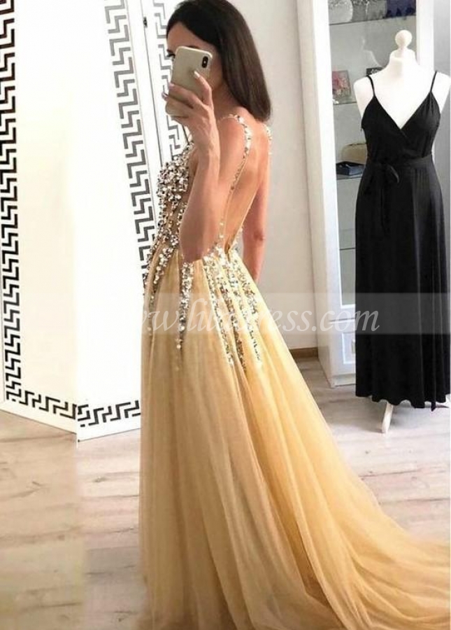 Gold Tulle Prom Dress with Rhinestones V-neck Bodice