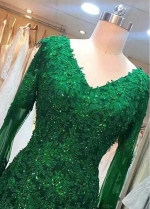 Green Beaded Lace Bride Mothers Evening Gown Long Sleeve