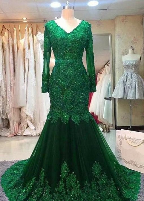 Green Beaded Lace Bride Mothers Evening Gown Long Sleeve