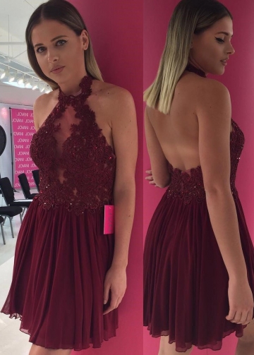 High-neck Beaded Appliques Burgundy Cocktail Dress with Chiffon Skirt