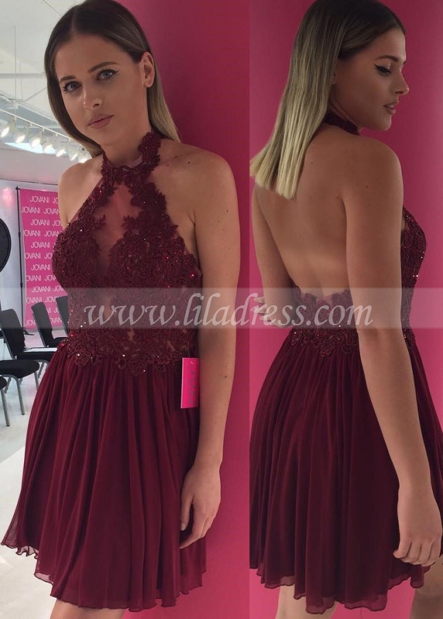 High-neck Beaded Appliques Burgundy Cocktail Dress with Chiffon Skirt