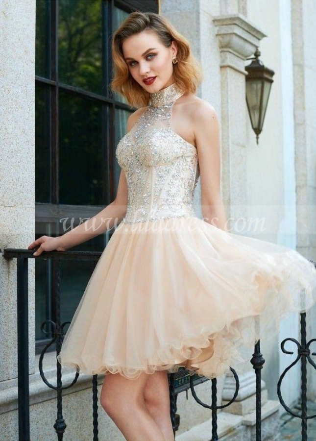 High Neck Champagne Homecoming Party Dress with Rhinestones Bodice