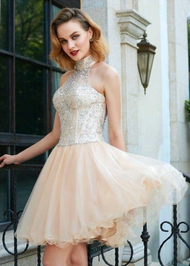 High Neck Champagne Homecoming Party Dress with Rhinestones Bodice