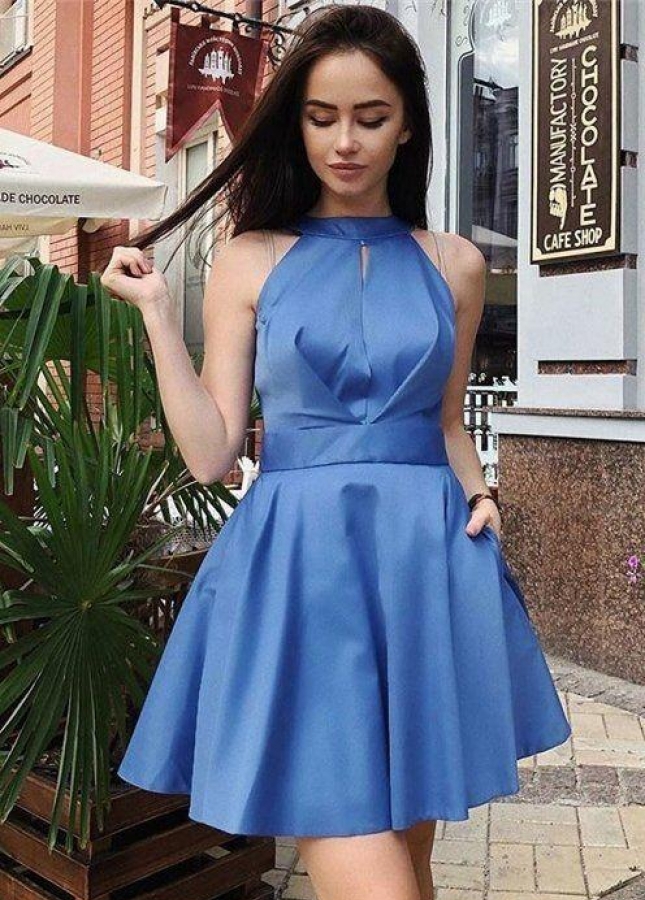 Halter Blue Satin Homecoming Dresses Short vestido de fiesta