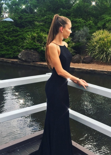 Halter Straps Sexy Low Back Black Lace Prom Dresses