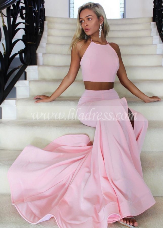 Halter Straps Pink Two Piece Prom Dresses with Mermaid Skirt