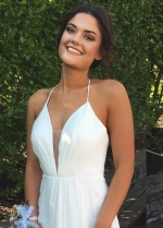 Halter Plunging V-neckline Chiffon White Prom Gown with Side Slit