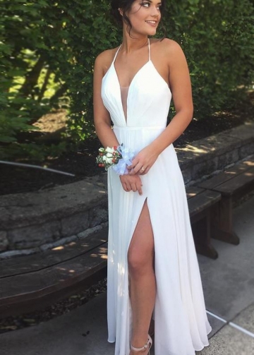 Halter Plunging V-neckline Chiffon White Prom Gown with Side Slit